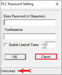 پنجره plc password setting دکمه کنسل برای باز کردن قفل برنامه